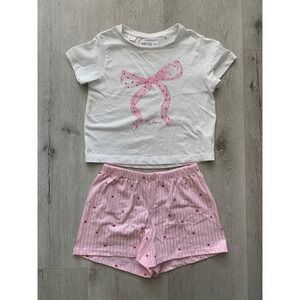Lefties Kids Pink Heart‎ Bow Pajama Set Shorts Tee Mismatched Size 5-6 7-8